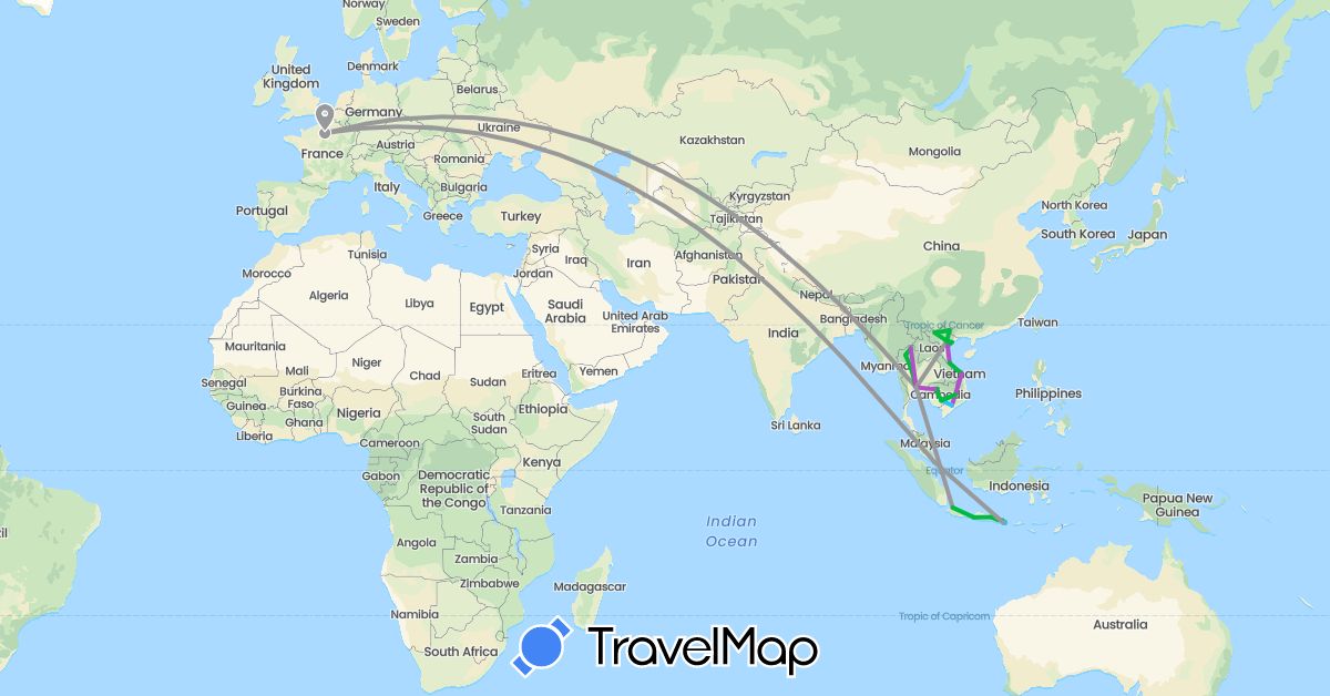 TravelMap itinerary: driving, bus, plane, train, boat, motorbike in France, Indonesia, Cambodia, Singapore, Thailand, Vietnam (Asia, Europe)